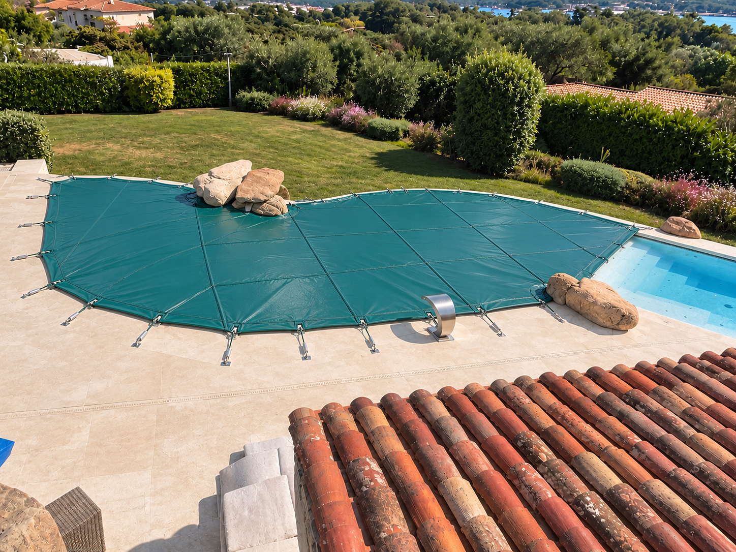 Pool mit angepasster Winterabdeckung und umlaufenden Befestigungen